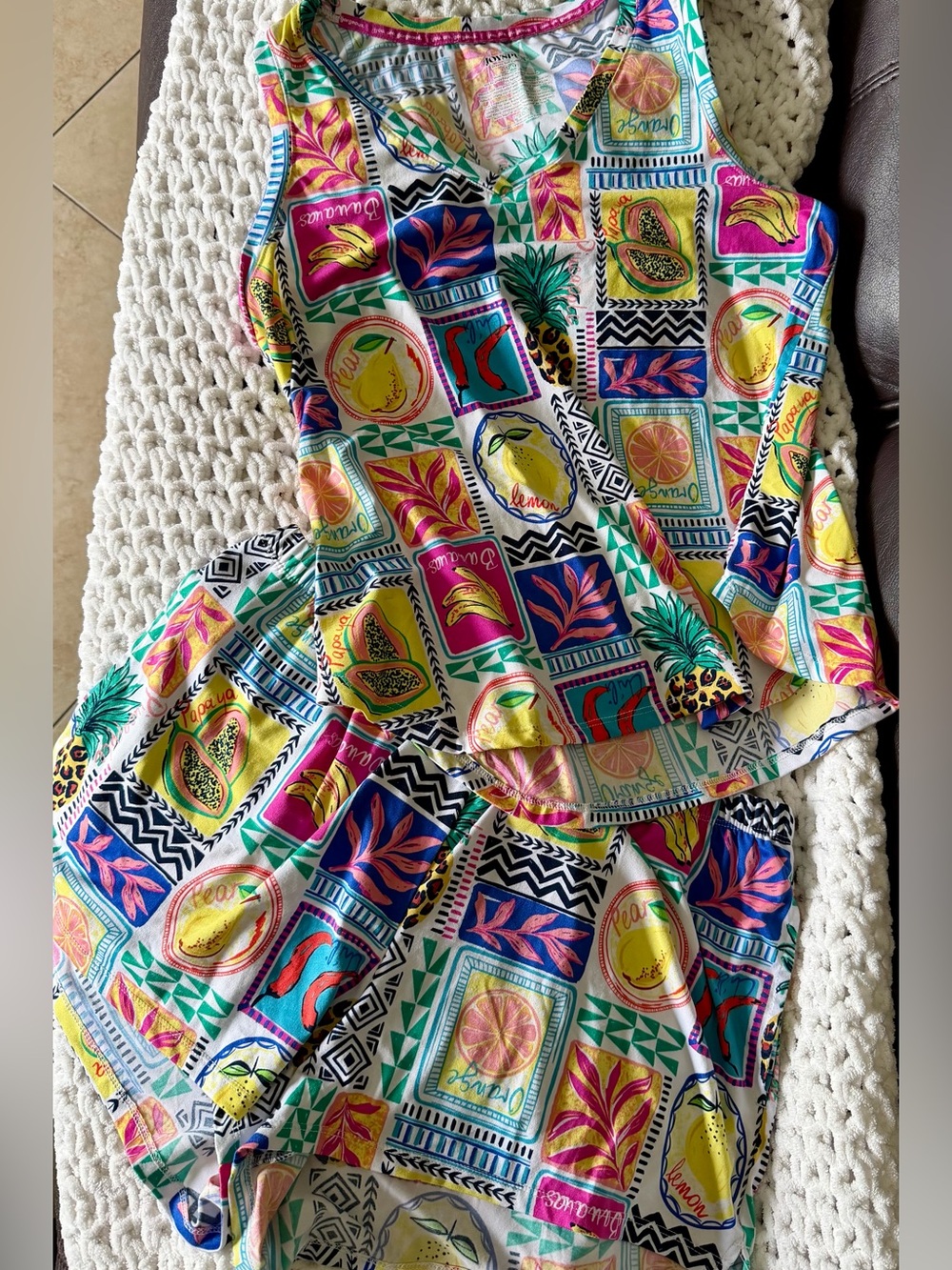 Multicolor Tropical Print Women's Pajama Set - Bright Fruit Pattern